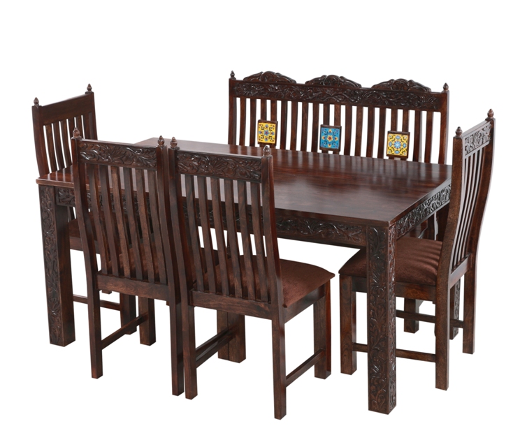 Dining Table With Long Chairs & Tiles Pattern